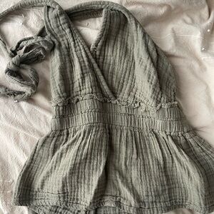 American Eagle Outfitters Black and White Smocked Wrap Blouse